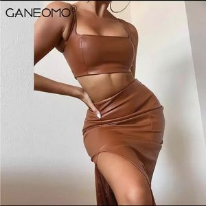 Brown Leather Skirt Set